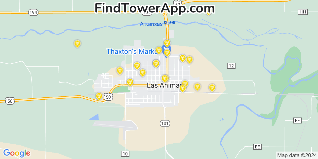 AT&T 4G/5G cell tower coverage map Las Animas, Colorado