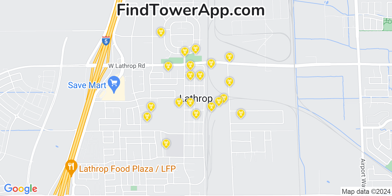 AT&T 4G/5G cell tower coverage map Lathrop, California