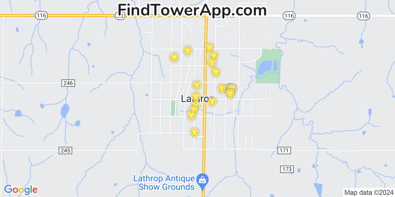 AT&T 4G/5G cell tower coverage map Lathrop, Missouri