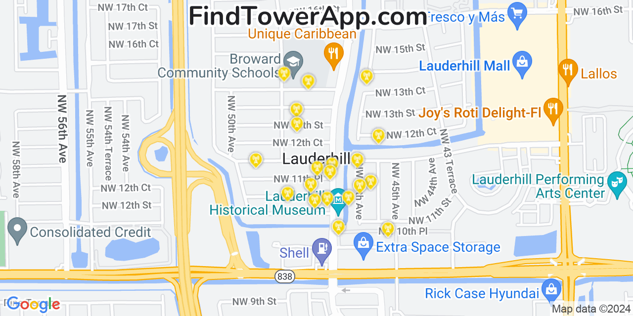 AT&T 4G/5G cell tower coverage map Lauderhill, Florida