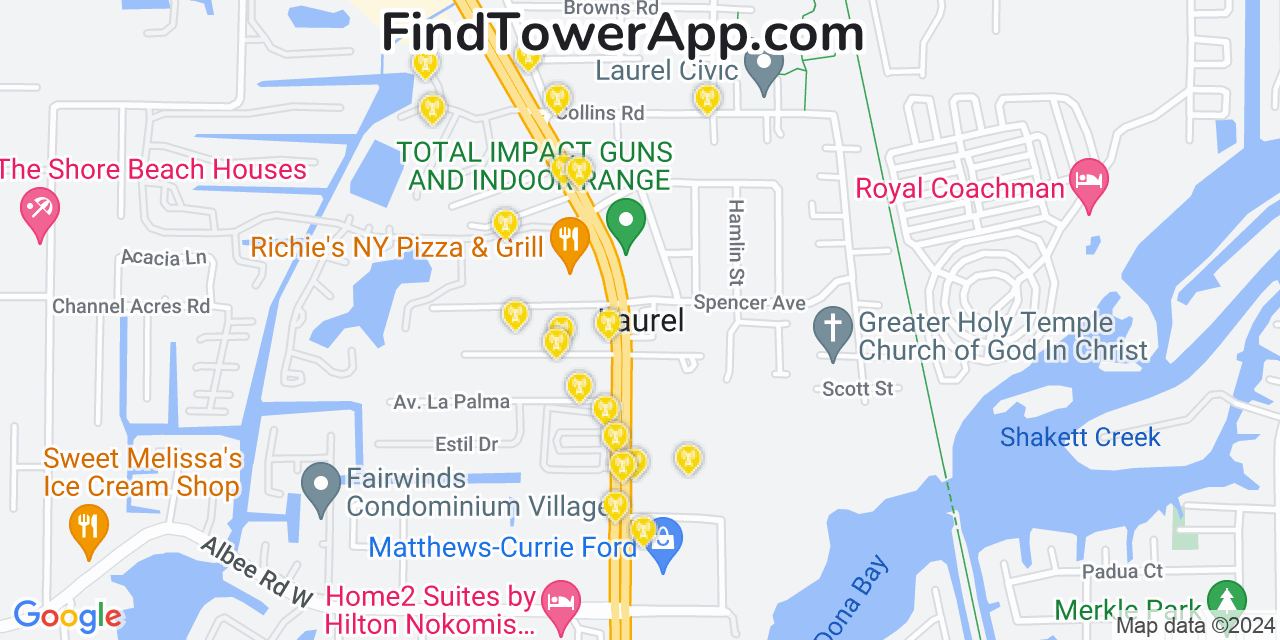 AT&T 4G/5G cell tower coverage map Laurel, Florida