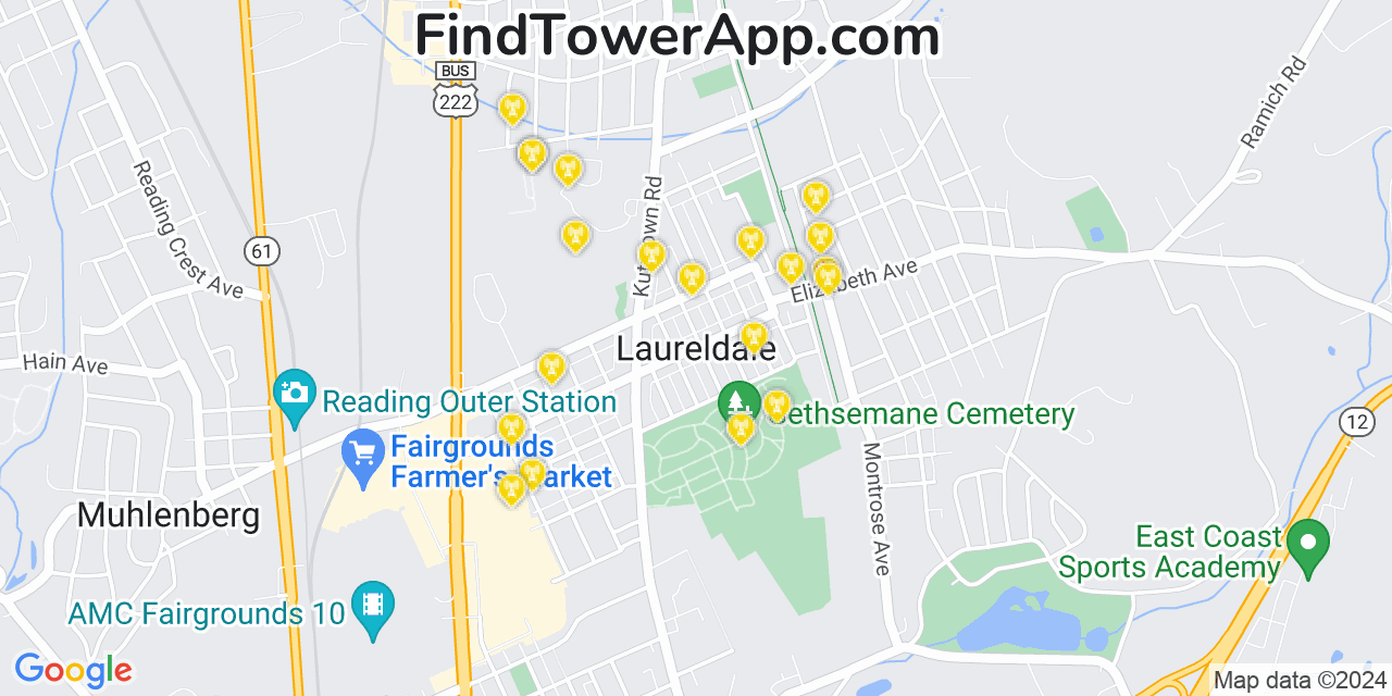 AT&T 4G/5G cell tower coverage map Laureldale, Pennsylvania