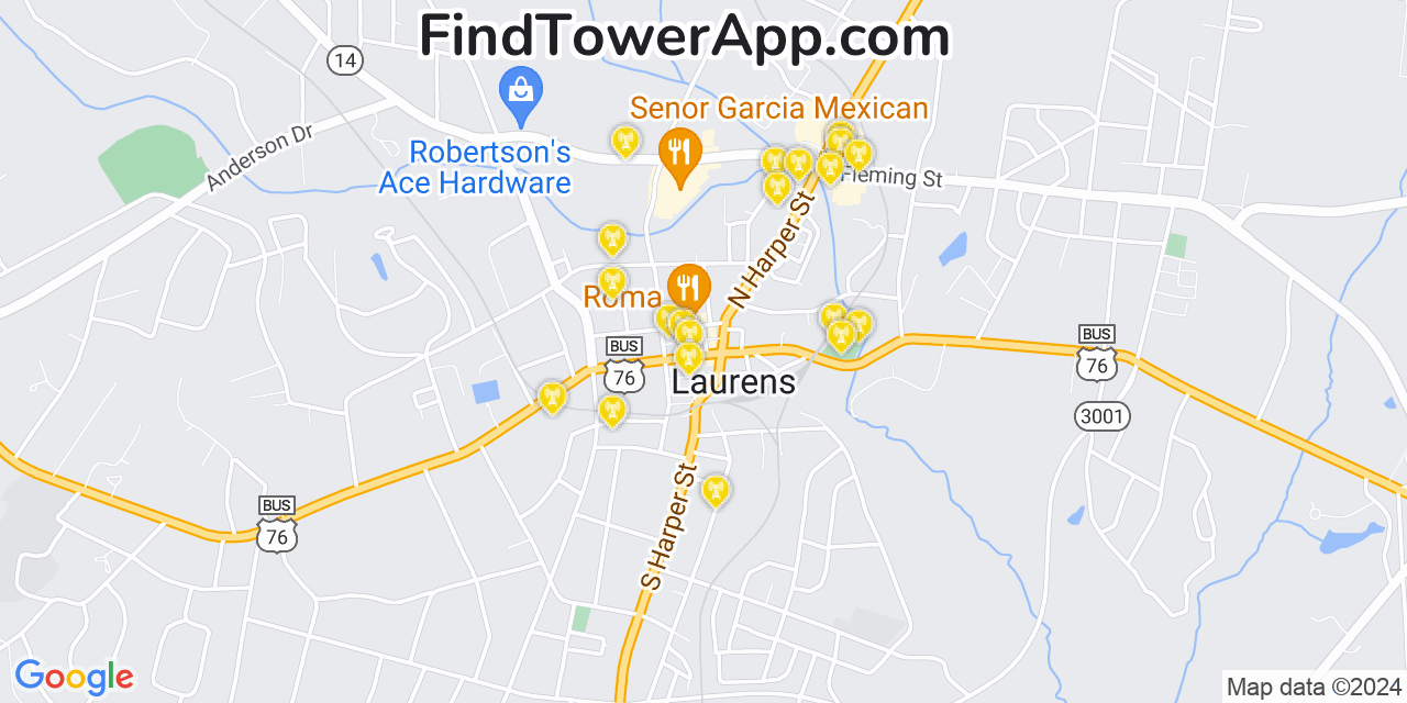 AT&T 4G/5G cell tower coverage map Laurens, South Carolina