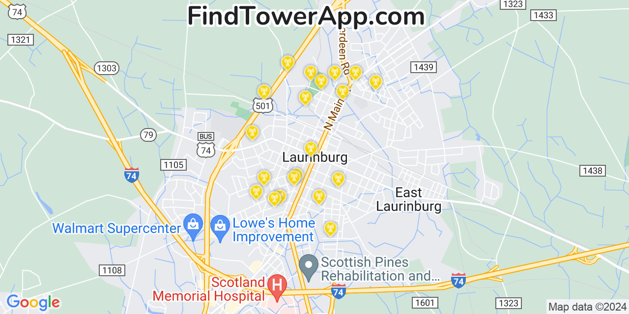 AT&T 4G/5G cell tower coverage map Laurinburg, North Carolina