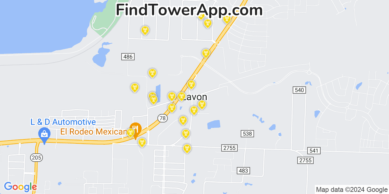 AT&T 4G/5G cell tower coverage map Lavon, Texas