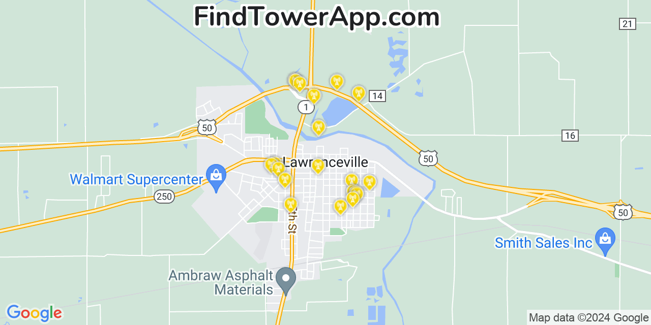 AT&T 4G/5G cell tower coverage map Lawrenceville, Illinois