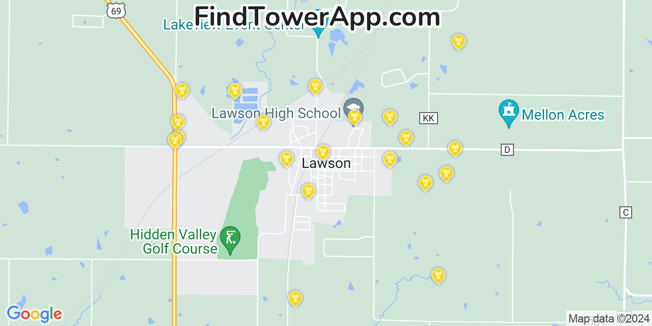 AT&T 4G/5G cell tower coverage map Lawson, Missouri