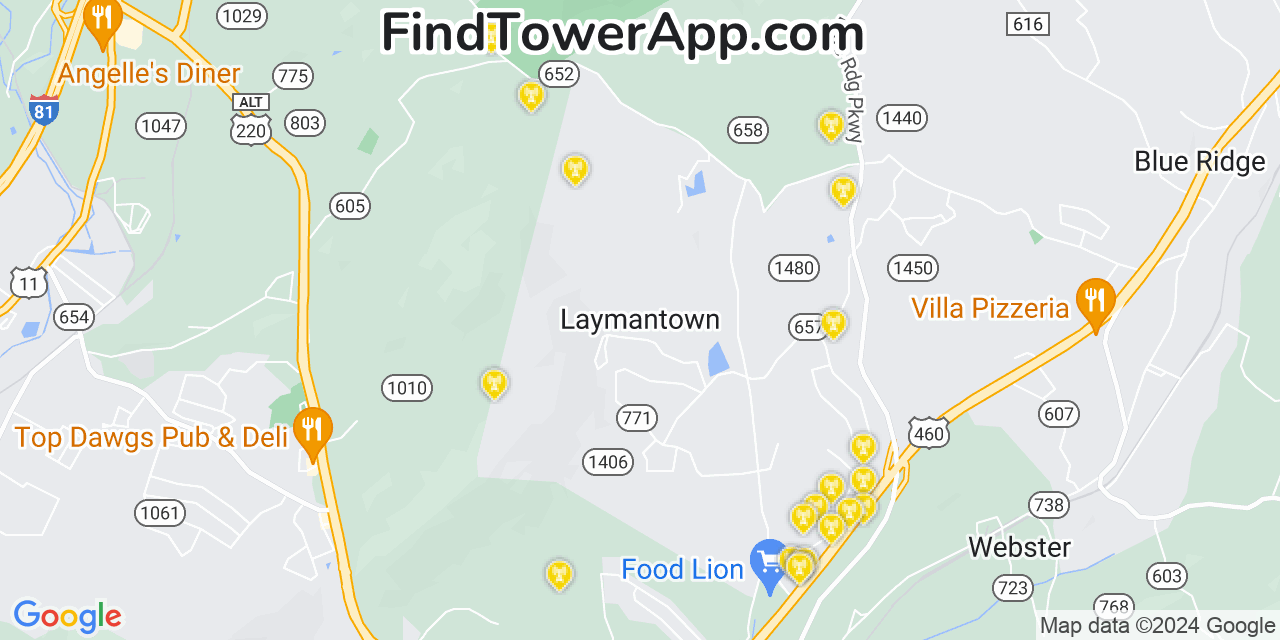 AT&T 4G/5G cell tower coverage map Laymantown, Virginia
