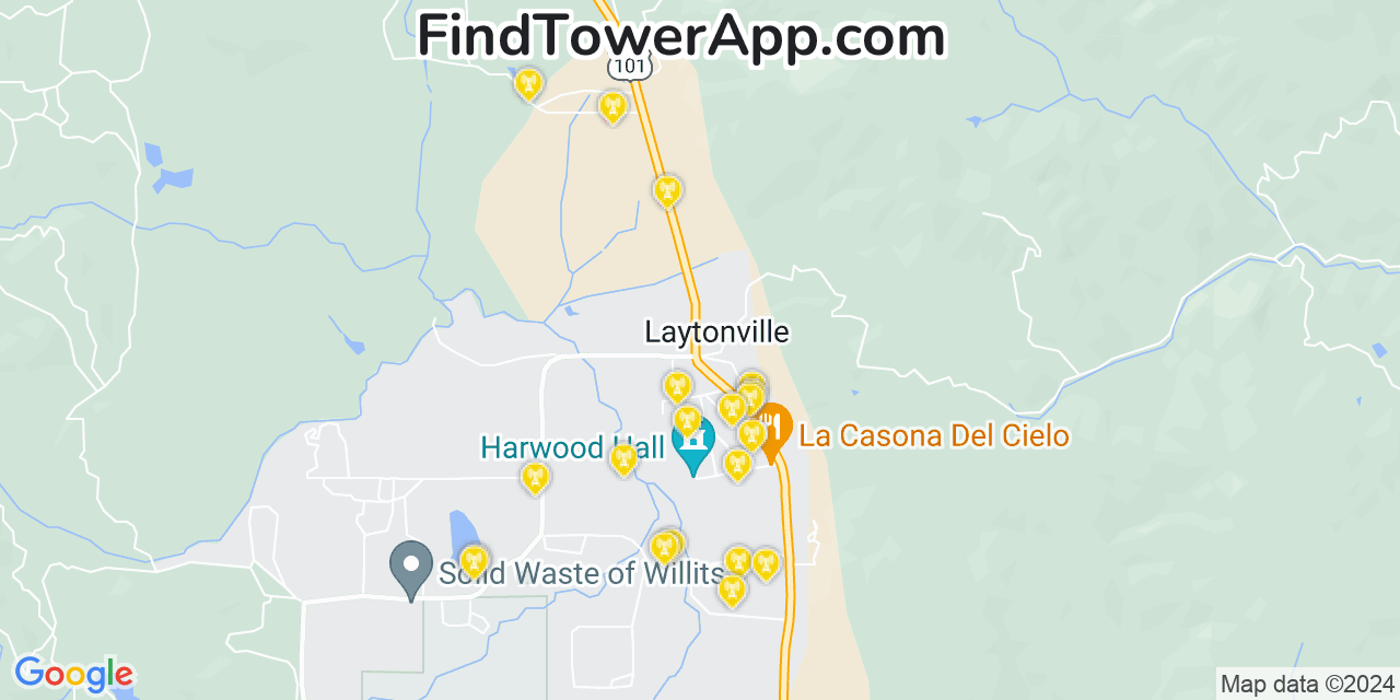 AT&T 4G/5G cell tower coverage map Laytonville, California