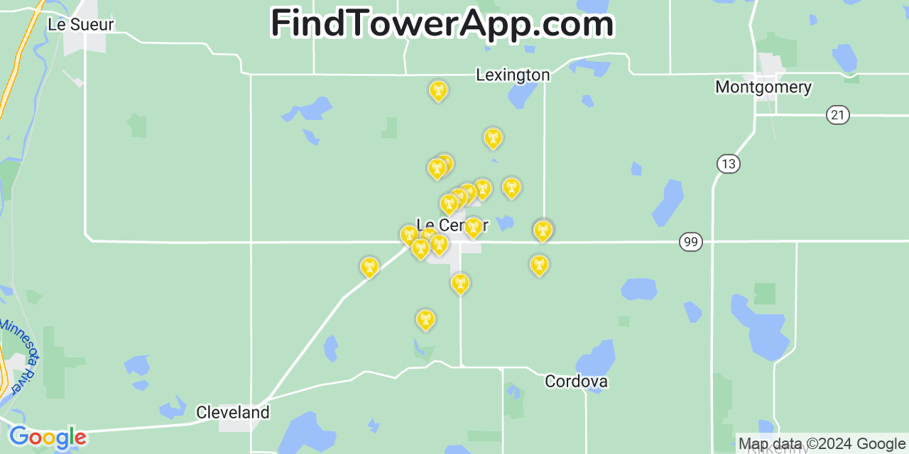 AT&T 4G/5G cell tower coverage map Le Center, Minnesota