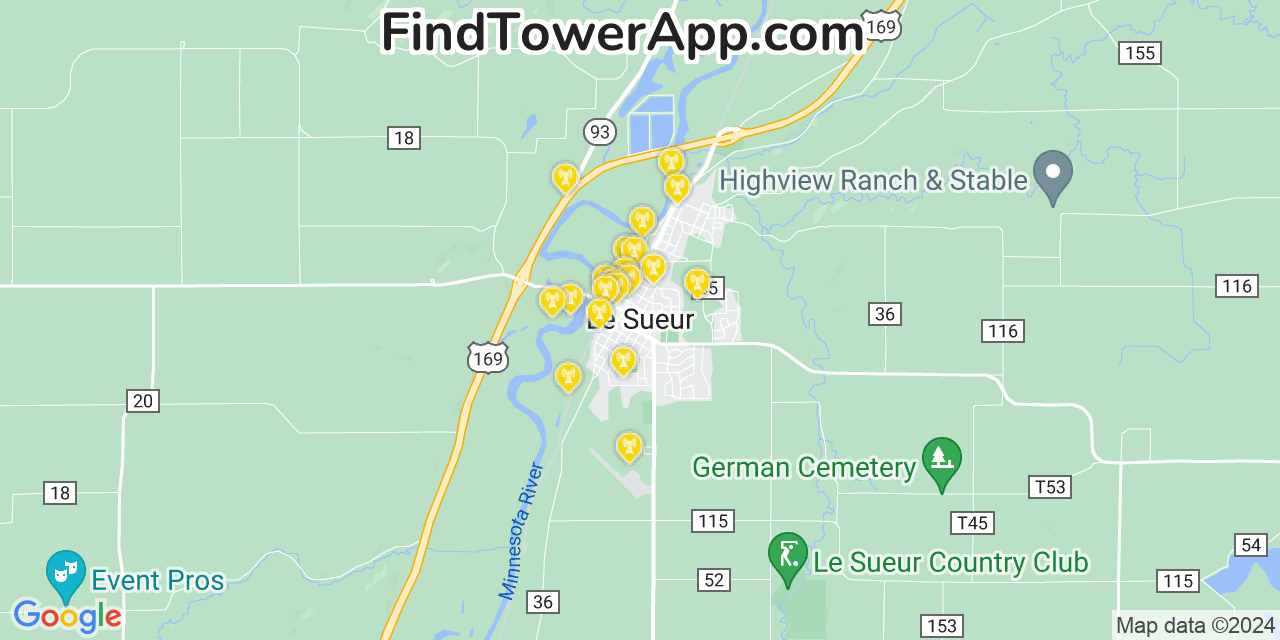 AT&T 4G/5G cell tower coverage map Le Sueur, Minnesota