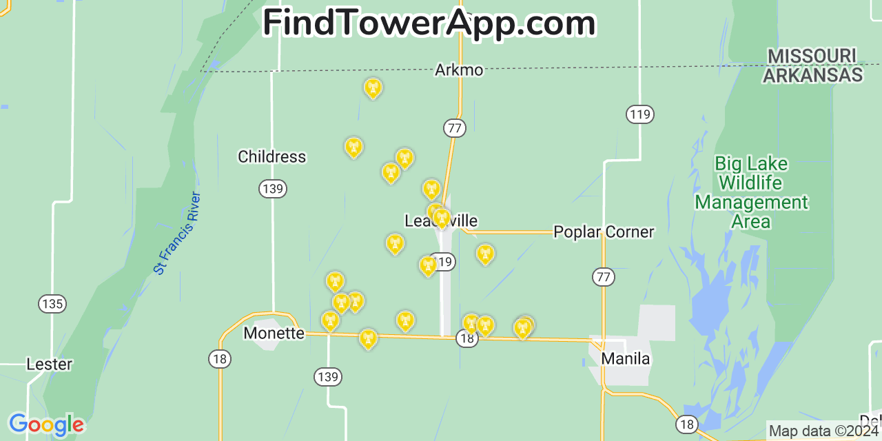 AT&T 4G/5G cell tower coverage map Leachville, Arkansas