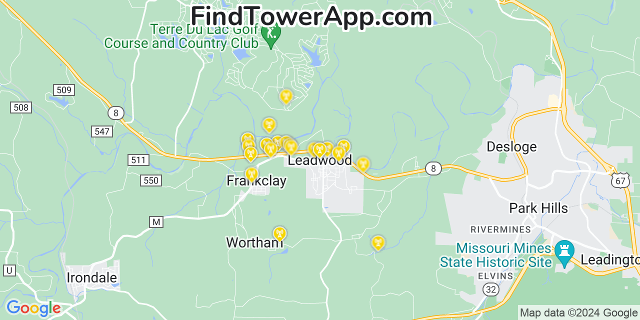 AT&T 4G/5G cell tower coverage map Leadwood, Missouri