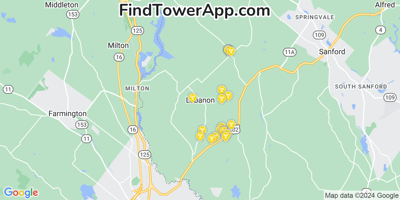 AT&T 4G/5G cell tower coverage map Lebanon, Maine
