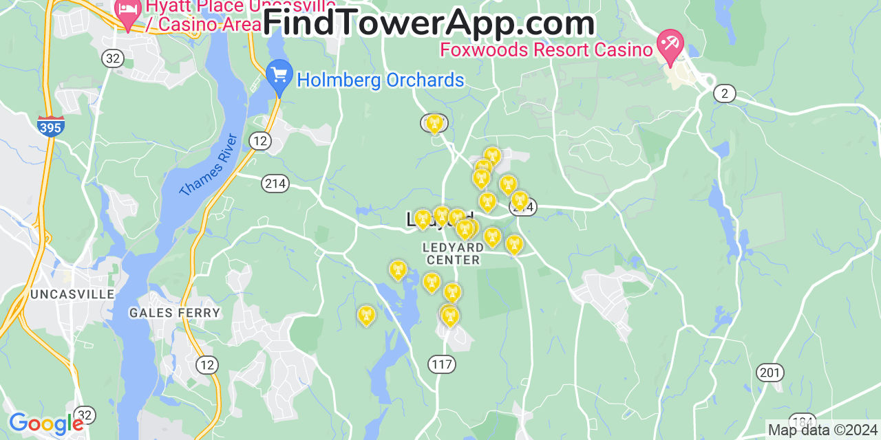AT&T 4G/5G cell tower coverage map Ledyard, Connecticut