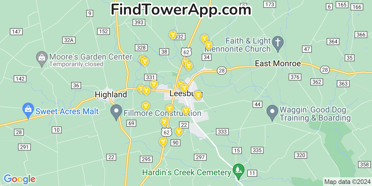 AT&T 4G/5G cell tower coverage map Leesburg, Ohio