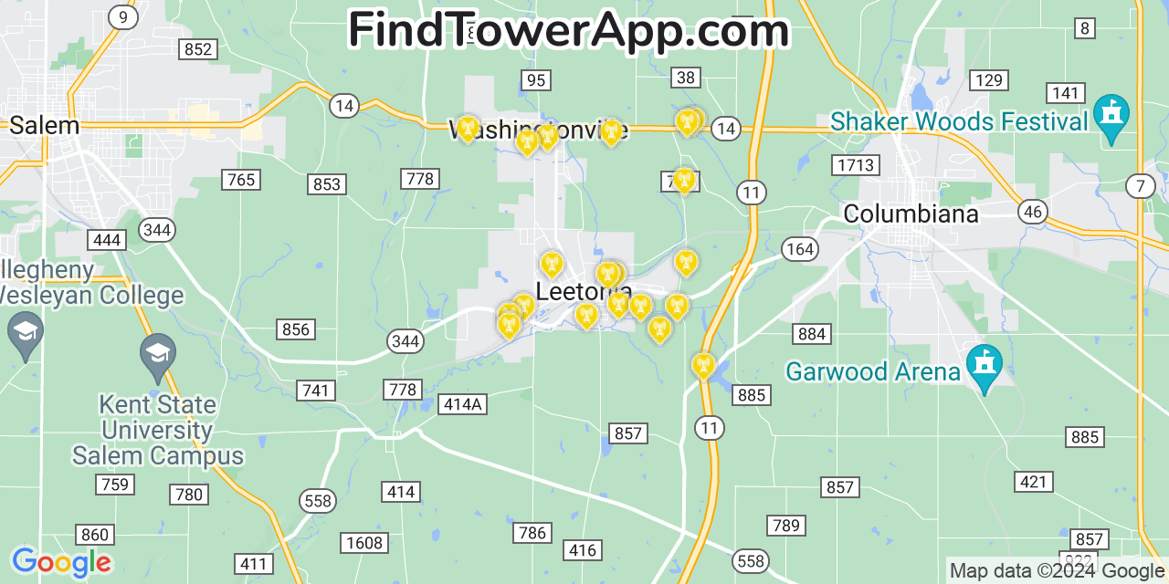 AT&T 4G/5G cell tower coverage map Leetonia, Ohio