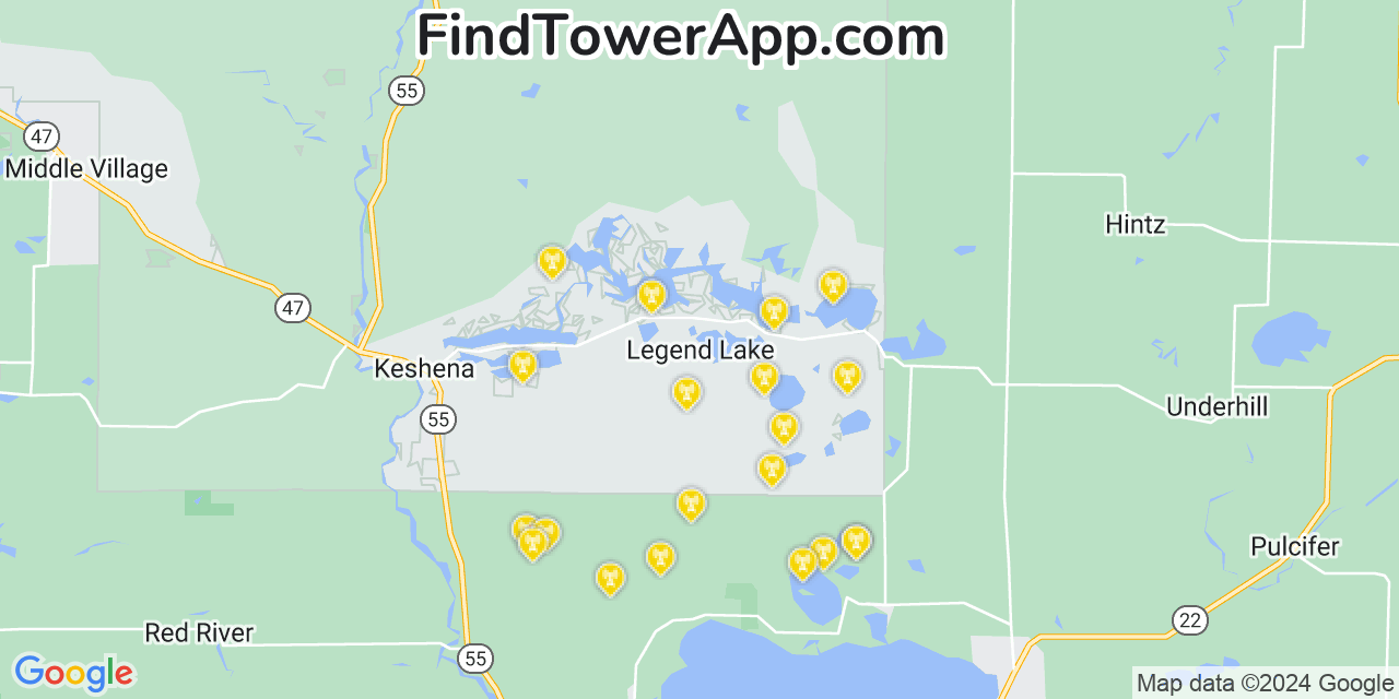 AT&T 4G/5G cell tower coverage map Legend Lake, Wisconsin