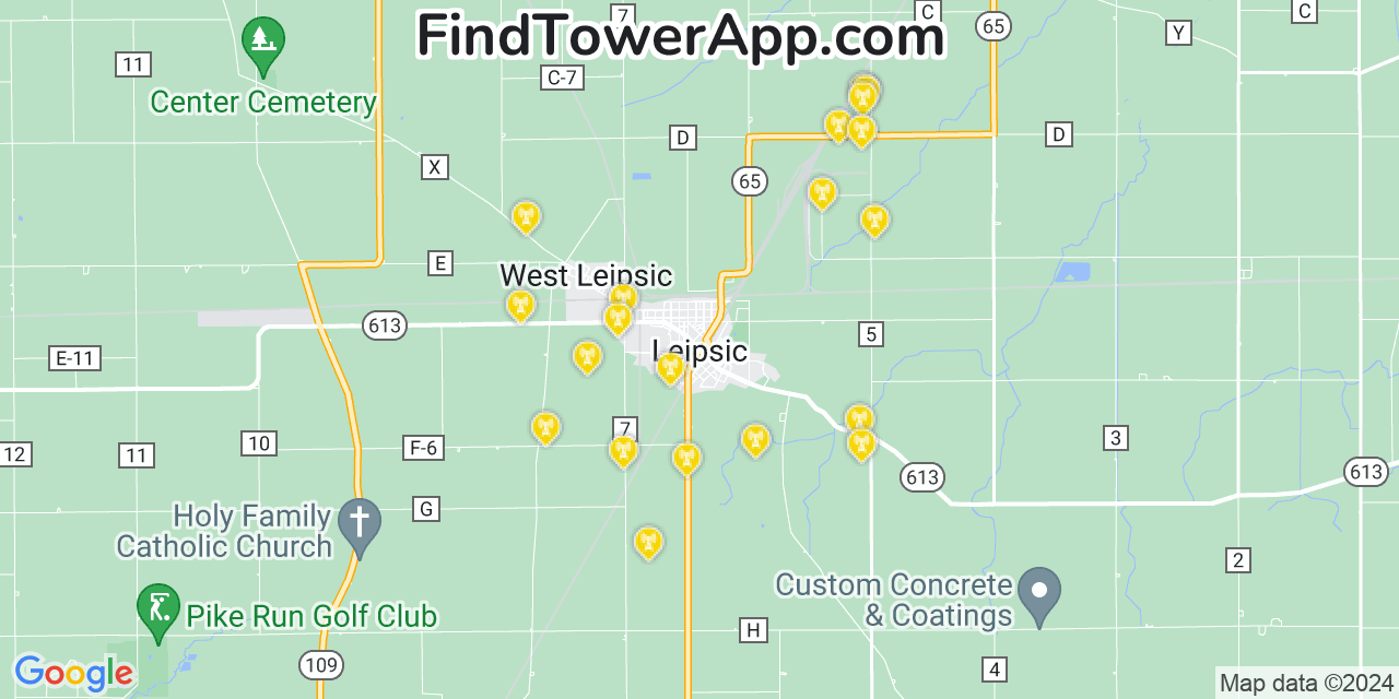 AT&T 4G/5G cell tower coverage map Leipsic, Ohio