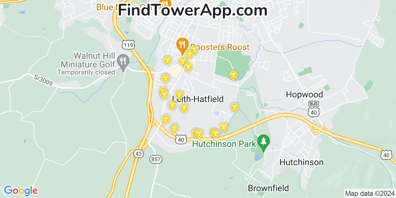 AT&T 4G/5G cell tower coverage map Leith Hatfield, Pennsylvania
