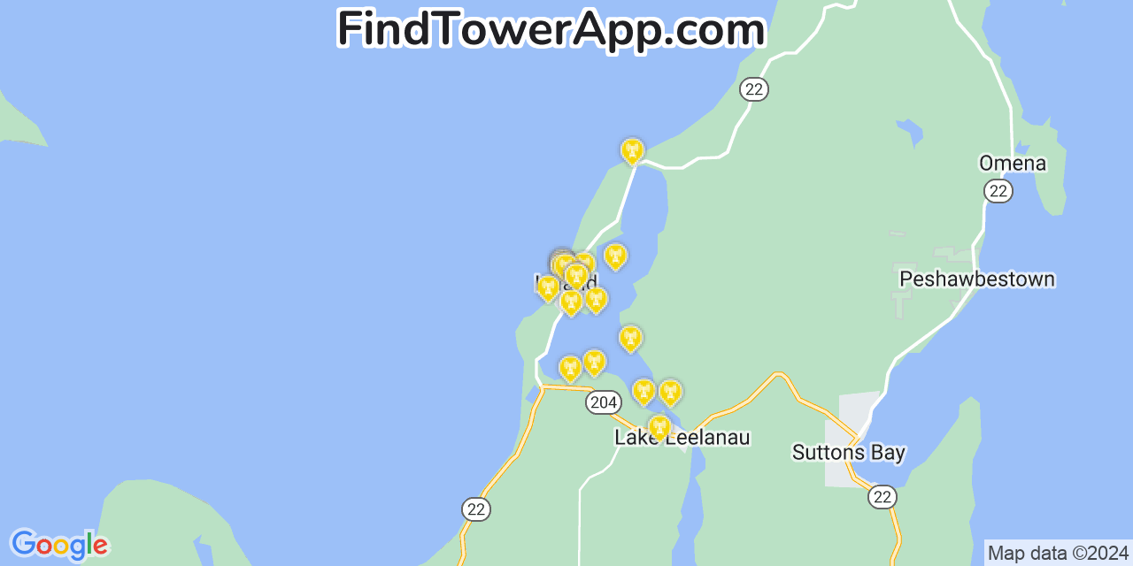 AT&T 4G/5G cell tower coverage map Leland, Michigan