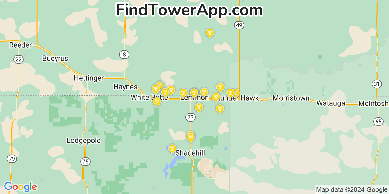 AT&T 4G/5G cell tower coverage map Lemmon, South Dakota