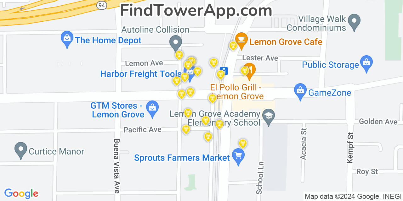 AT&T 4G/5G cell tower coverage map Lemon Grove, California