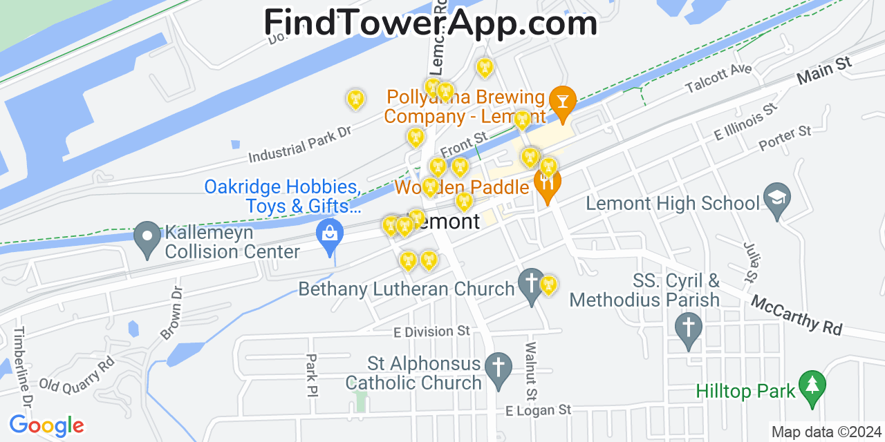 AT&T 4G/5G cell tower coverage map Lemont, Illinois