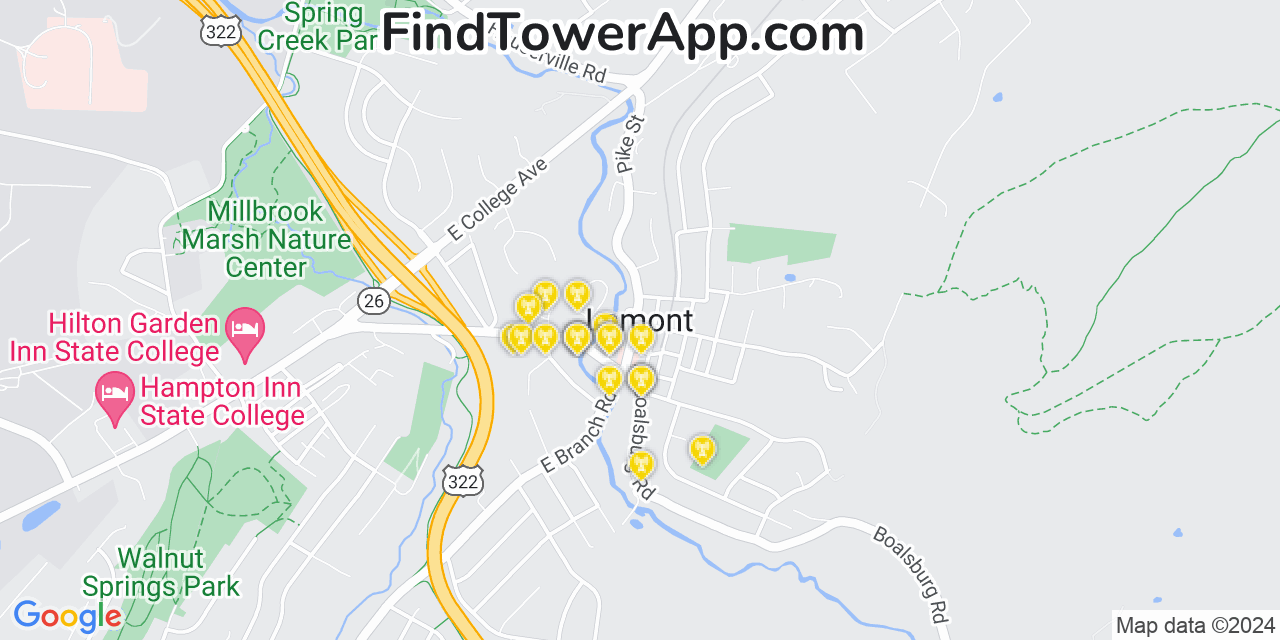 AT&T 4G/5G cell tower coverage map Lemont, Pennsylvania