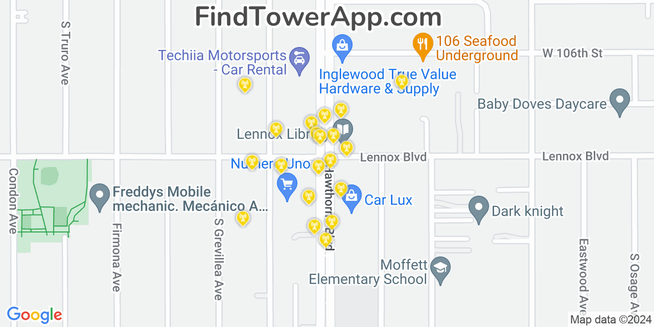 AT&T 4G/5G cell tower coverage map Lennox, California