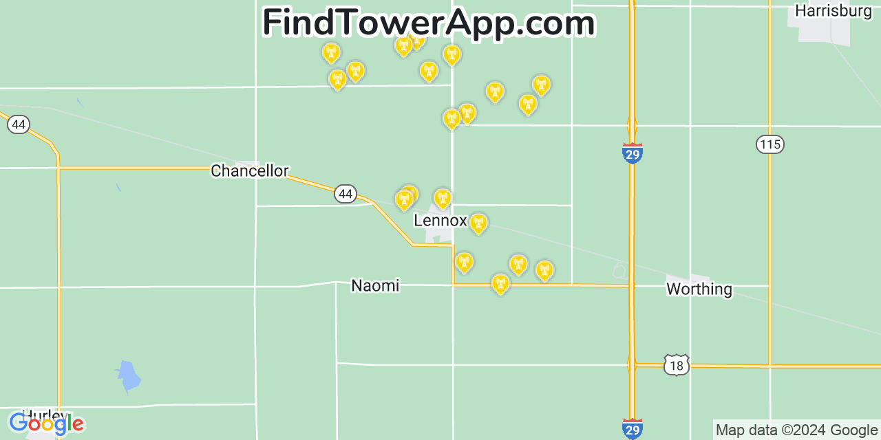 AT&T 4G/5G cell tower coverage map Lennox, South Dakota