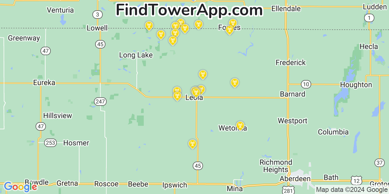 AT&T 4G/5G cell tower coverage map Leola, South Dakota