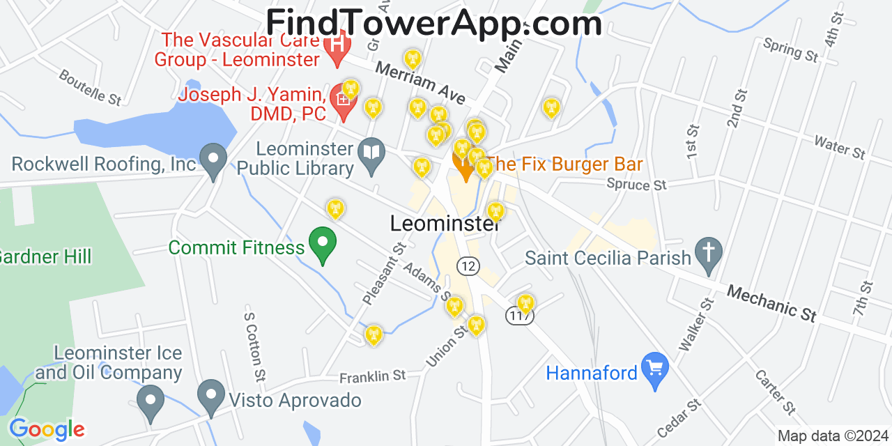 AT&T 4G/5G cell tower coverage map Leominster, Massachusetts