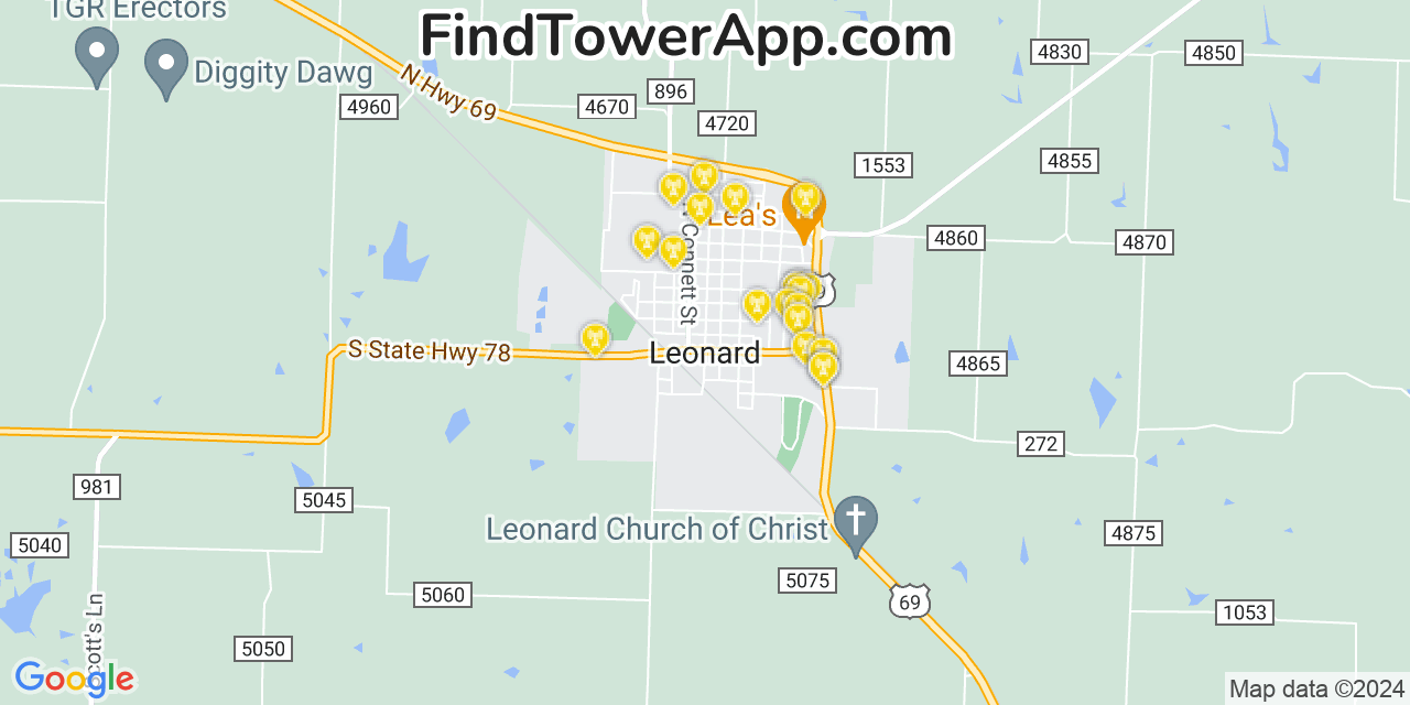 AT&T 4G/5G cell tower coverage map Leonard, Texas