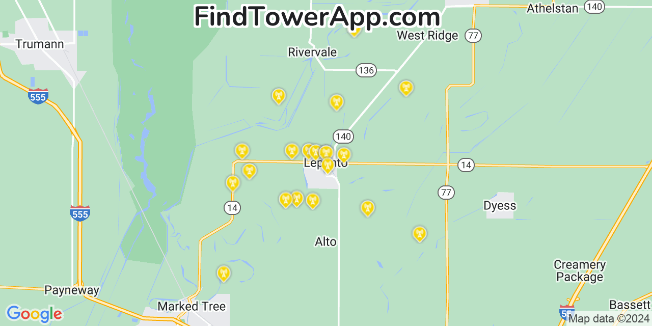AT&T 4G/5G cell tower coverage map Lepanto, Arkansas
