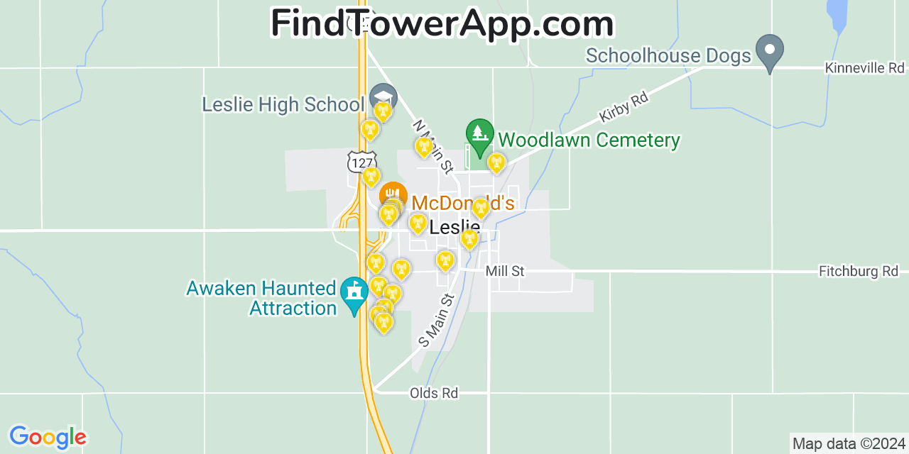 AT&T 4G/5G cell tower coverage map Leslie, Michigan