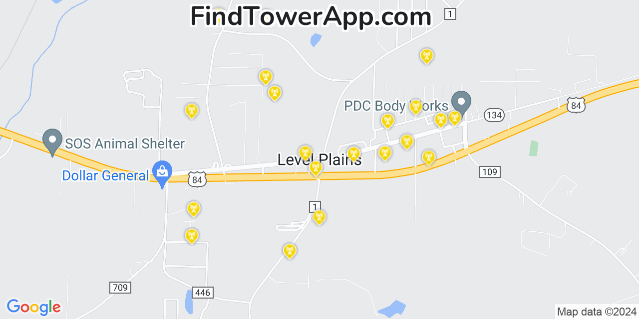 Verizon 4G/5G cell tower coverage map Level Plains, Alabama