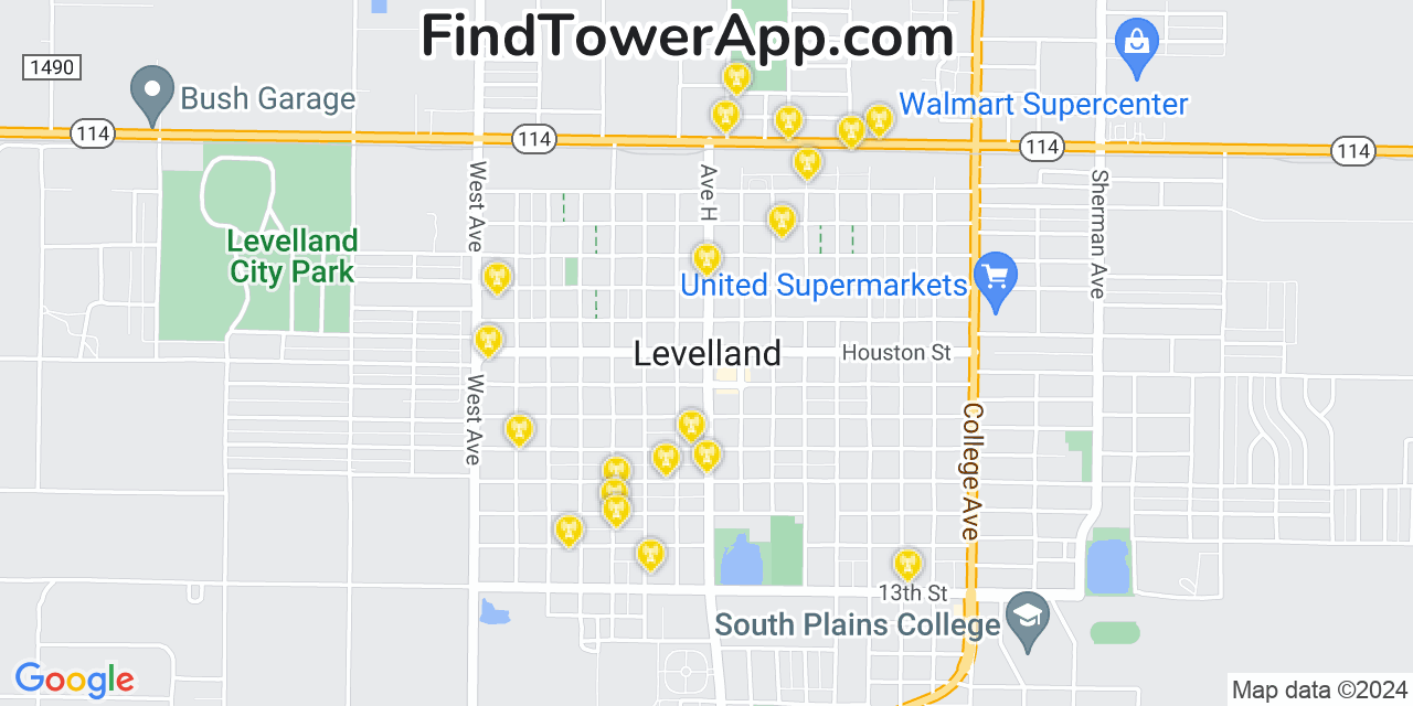 AT&T 4G/5G cell tower coverage map Levelland, Texas