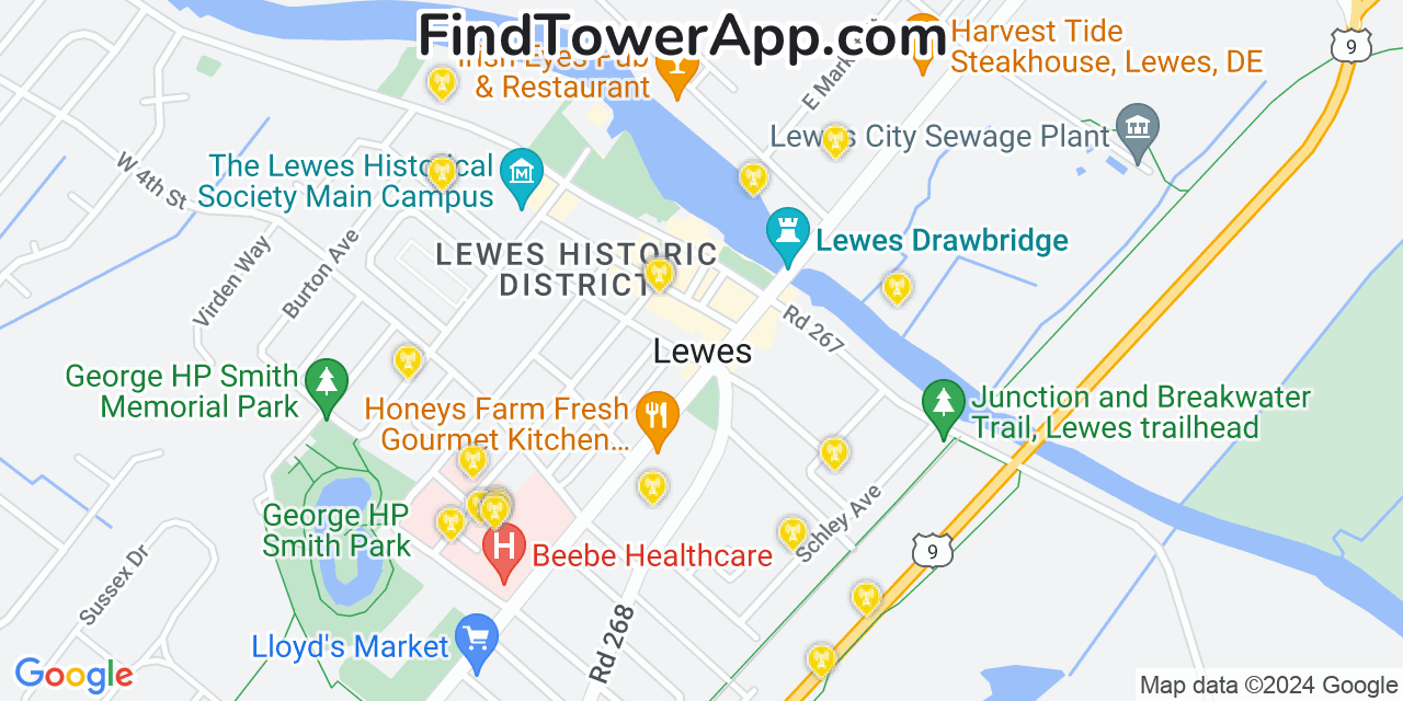 AT&T 4G/5G cell tower coverage map Lewes, Delaware