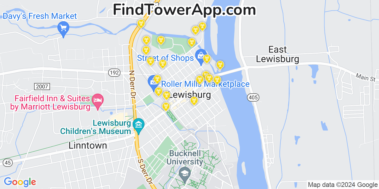 AT&T 4G/5G cell tower coverage map Lewisburg, Pennsylvania