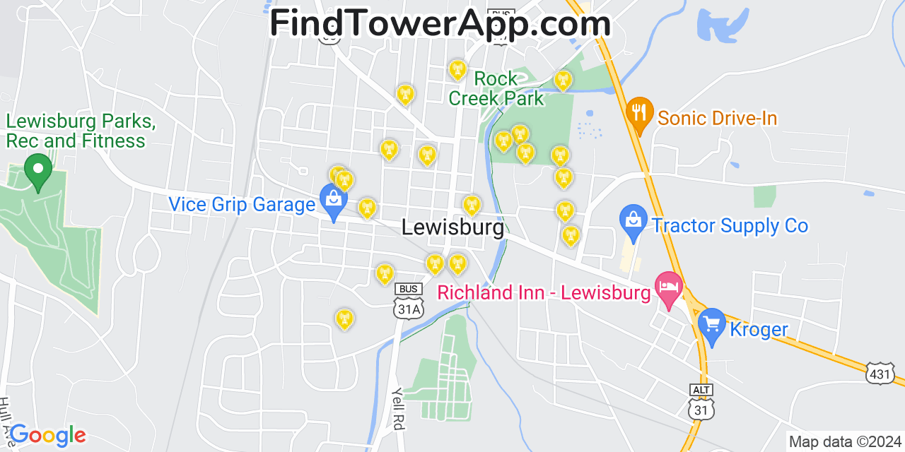 AT&T 4G/5G cell tower coverage map Lewisburg, Tennessee