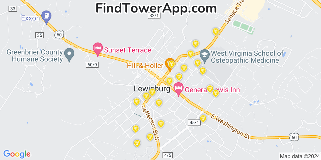 AT&T 4G/5G cell tower coverage map Lewisburg, West Virginia