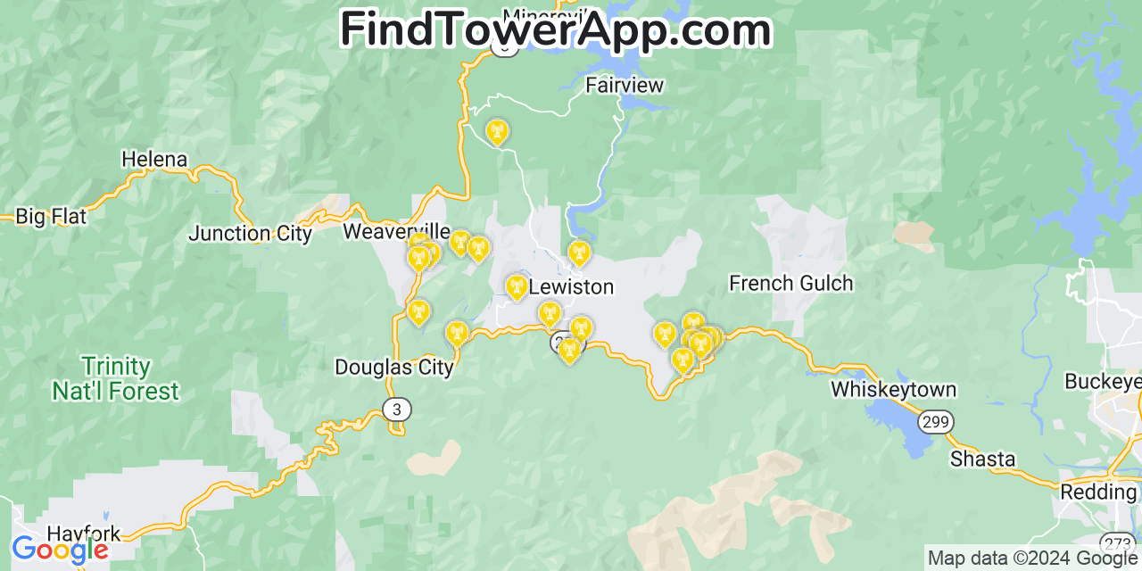 Verizon 4G/5G cell tower coverage map Lewiston, California