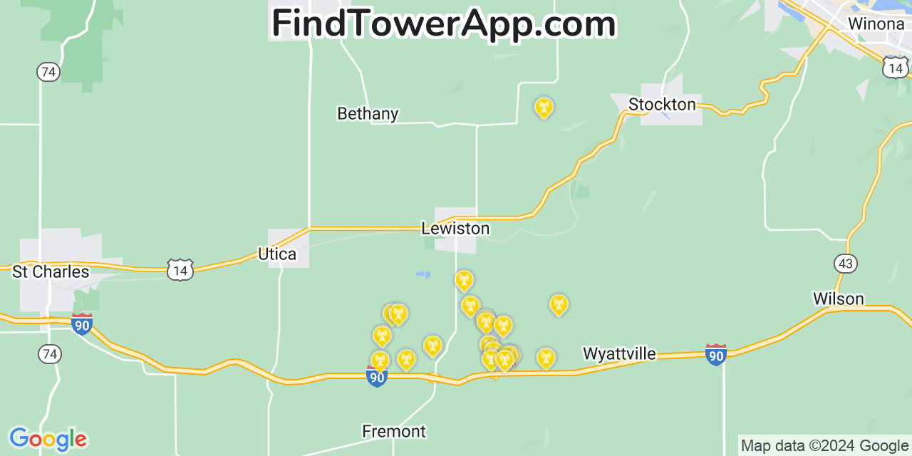 AT&T 4G/5G cell tower coverage map Lewiston, Minnesota