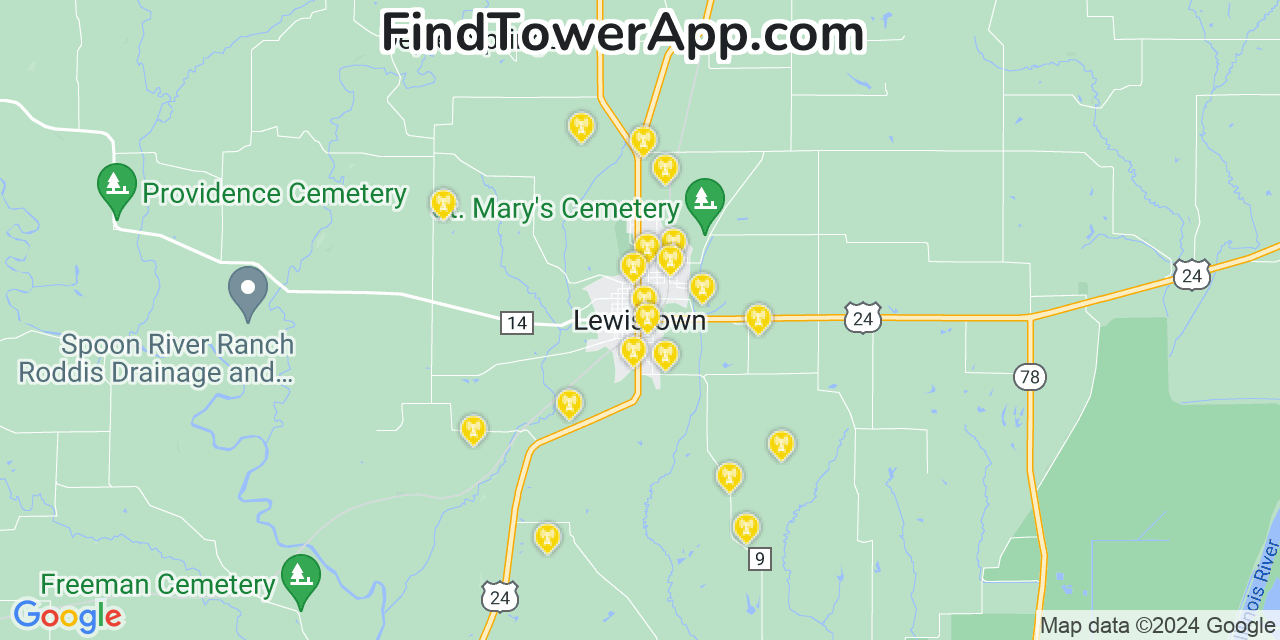 AT&T 4G/5G cell tower coverage map Lewistown, Illinois