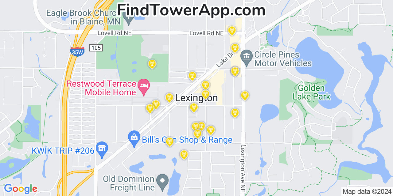 Verizon 4G/5G cell tower coverage map Lexington, Minnesota