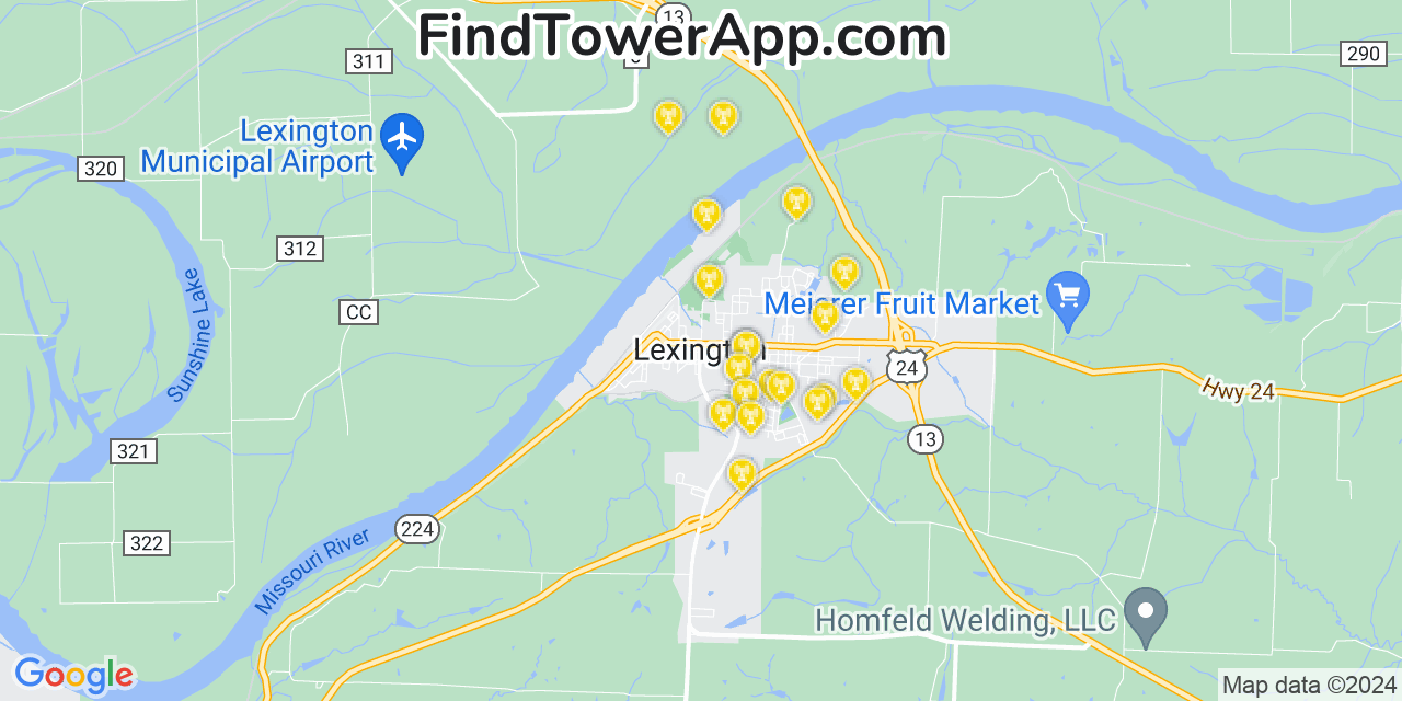 AT&T 4G/5G cell tower coverage map Lexington, Missouri