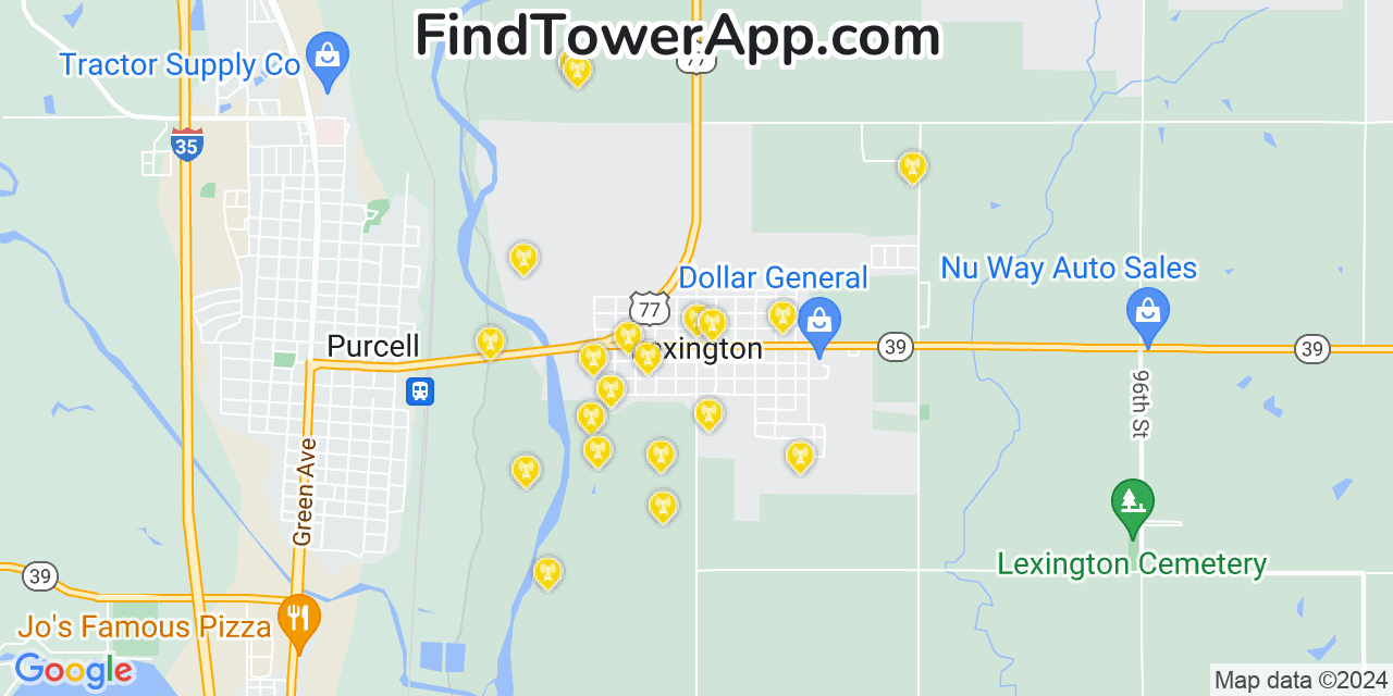 AT&T 4G/5G cell tower coverage map Lexington, Oklahoma