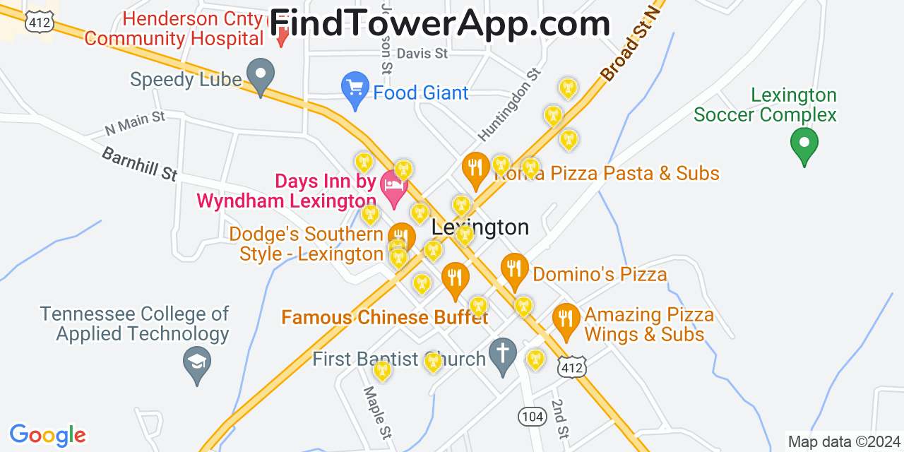 AT&T 4G/5G cell tower coverage map Lexington, Tennessee
