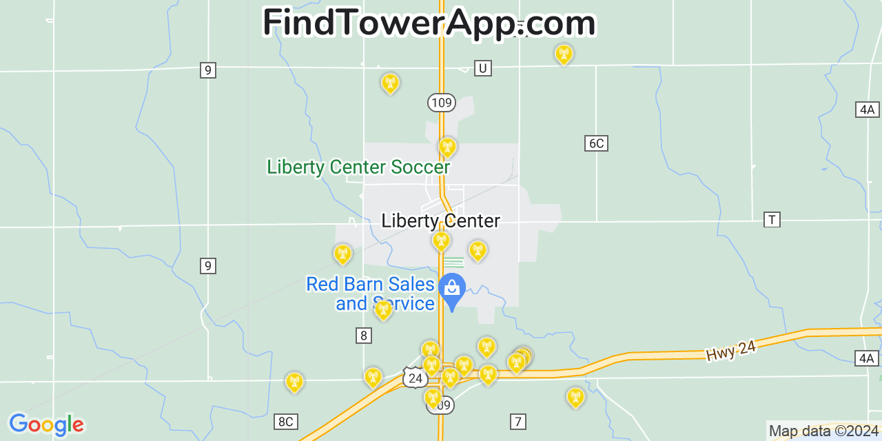 AT&T 4G/5G cell tower coverage map Liberty Center, Ohio